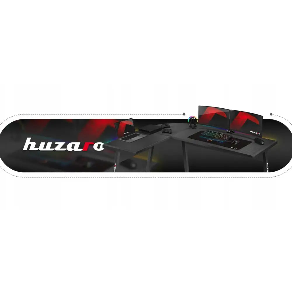 Gaming hjørnebord Huzaro Hero 6.0 RGB, L-formet skrivebord med dobbel skjerm og tilbehør fra skrå vinkel.