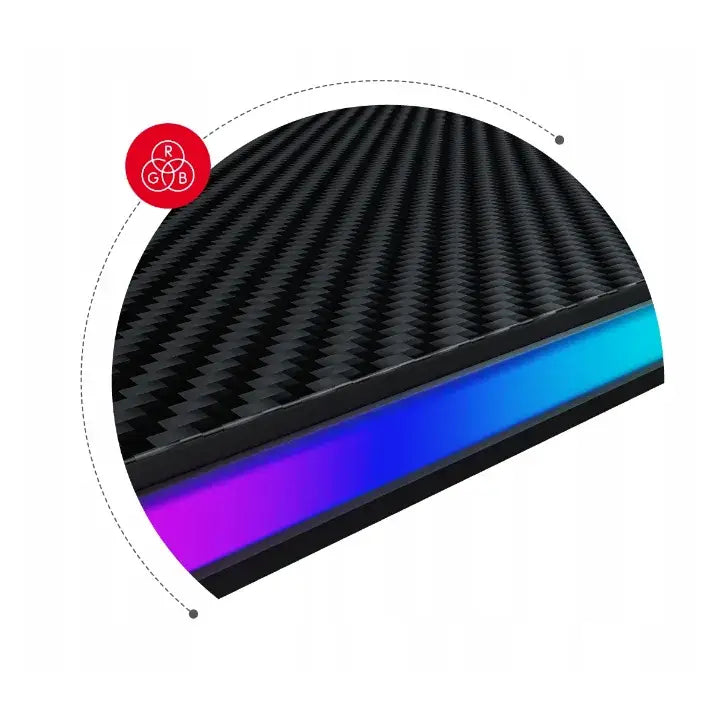 Gaming Hjørnebord Huzaro Hero 6.0, nærbilde av teksturert sort overflate med blå og lilla RGB-lys langs kanten.