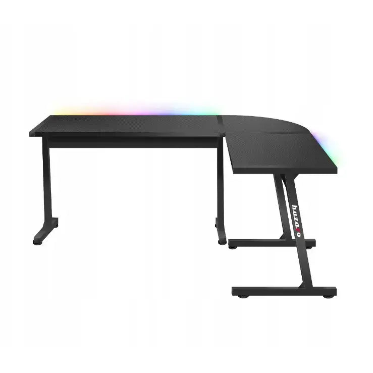 Gaming hjørnebord Huzaro Hero 6.0 RGB, sort L-form med mønstret plate, RGB-lys og solide metallben.