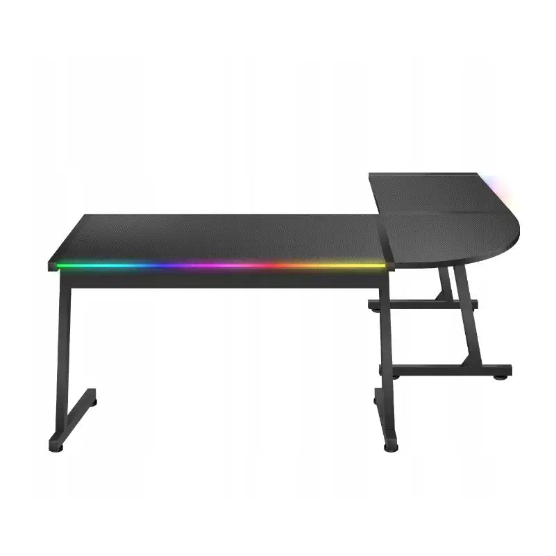 Gaming hjørnebord Huzaro Hero 6.0 RGB, sort L-form med regnbuefarget LED-lys og buet høyre ende.