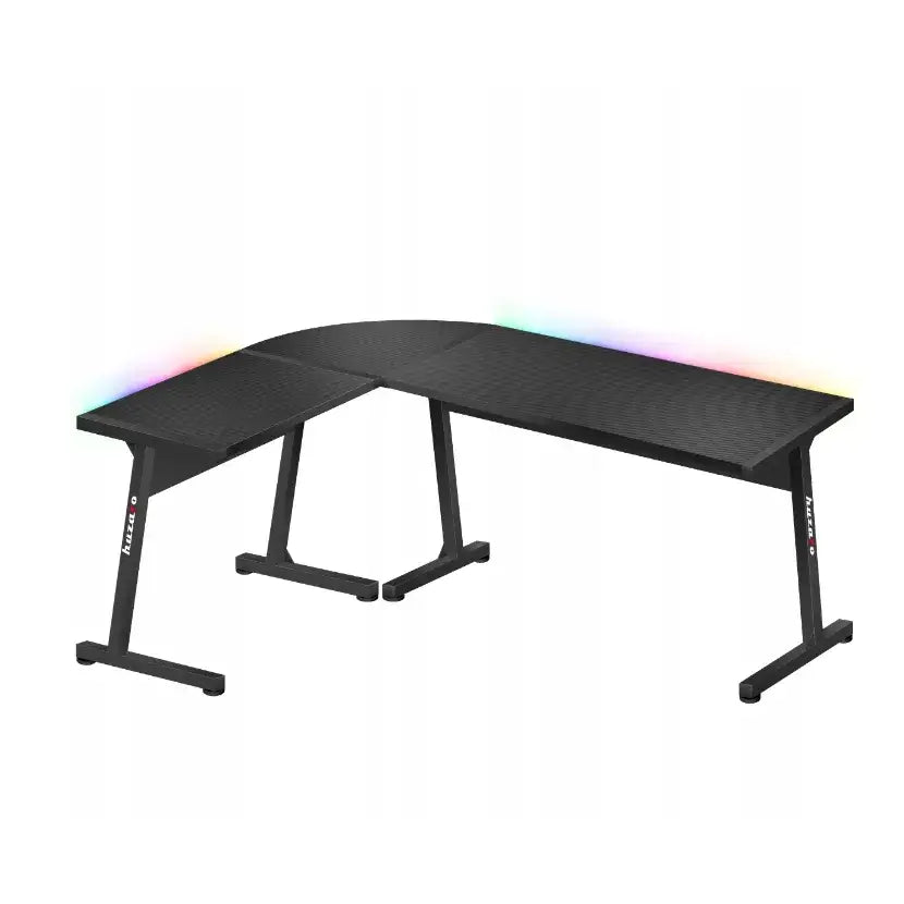 Gaming hjørnebord Huzaro Hero 6.0 RGB, L-formet med strukturerte flater og RGB-lys langs bakkanten.