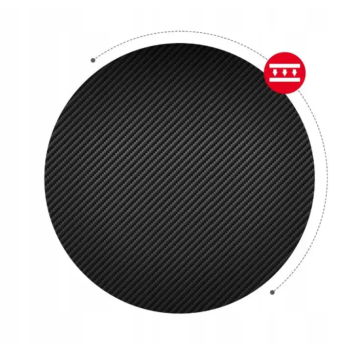 Gaming hjørnebord Huzaro Hero 6.0 RGB, nærbilde av sort karbonfibertekstur og rødt ikon med hvite symboler.