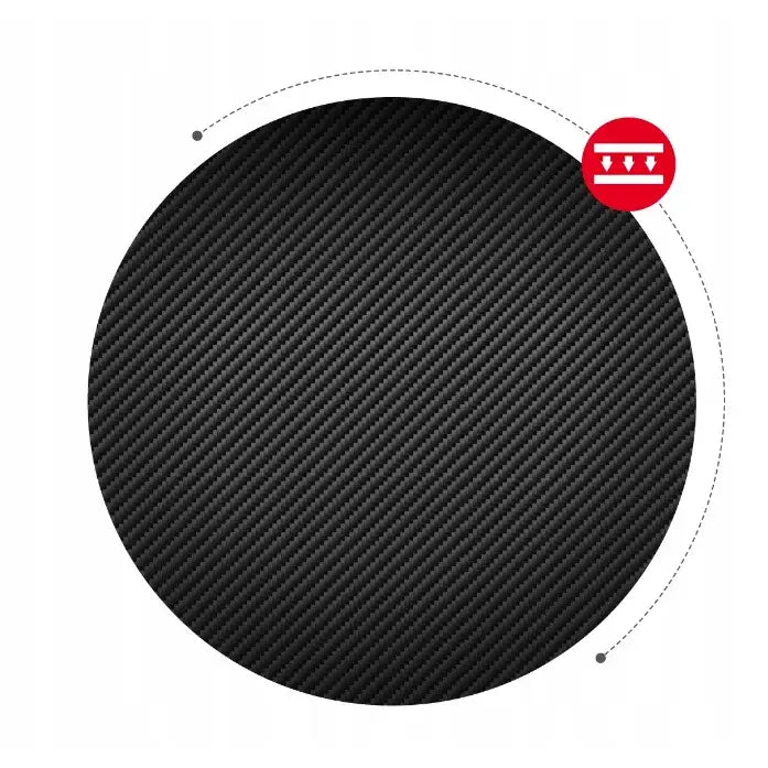 Gaming Hjørnebord Huzaro Hero 6.0, nærbilde av karbonfibertekstur og rød slitestyrke-ikon.