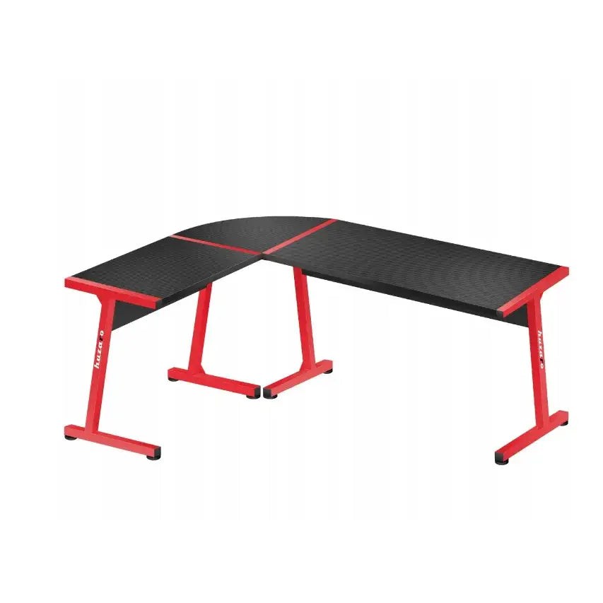 Gaming Hjørnebord Huzaro Hero 6.0, L-formet bord med sort plate, rødt understell og avrundet hjørne.