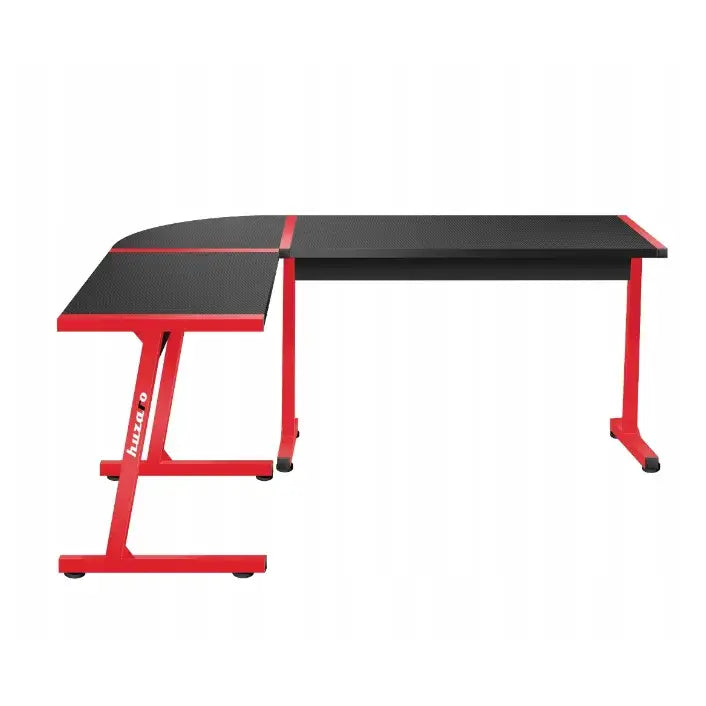 Gaming hjørnebord Huzaro Hero 6.0, L-formet med svart plate og rød ramme, solide metallben, frontvisning.
