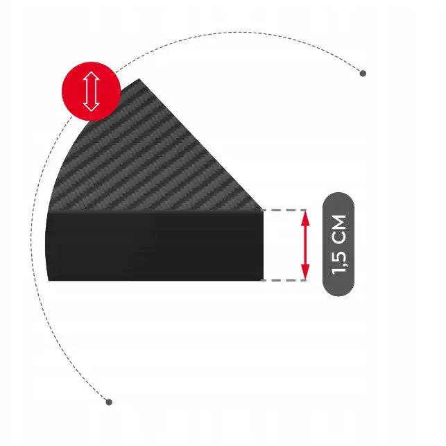 Gaming hjørnebord Huzaro Hero 6.0, sideprofil med karbonfibertekstur og rød høydeindikator på 1,5 cm.