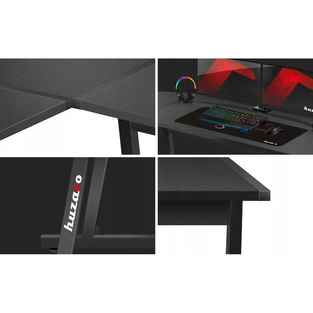 Gaming hjørnebord Huzaro Hero 6.0, nærbilde av teksturert svart overflate, metallben og synlig logodetalj.