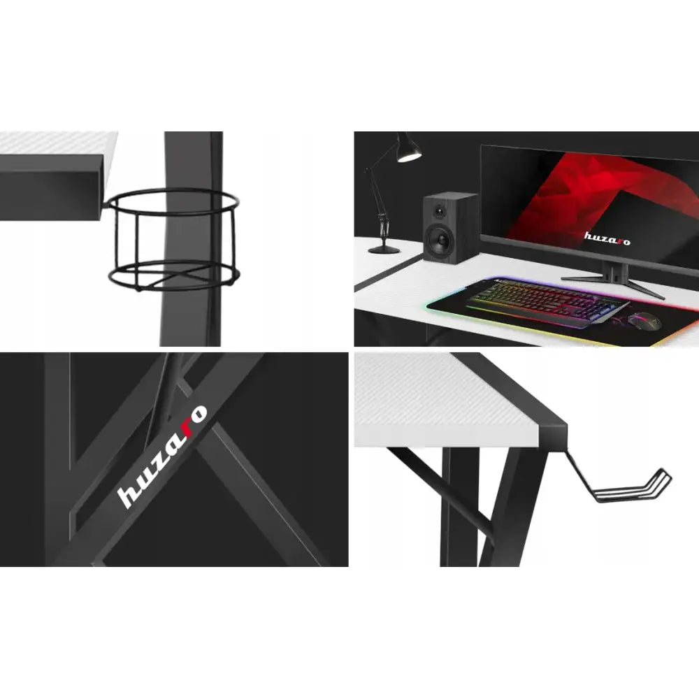 Gaming hjørnebord Huzaro Hero 6.3 hvit, nærbilde av metallunderstell, koppholder og headset-holder i bruk.