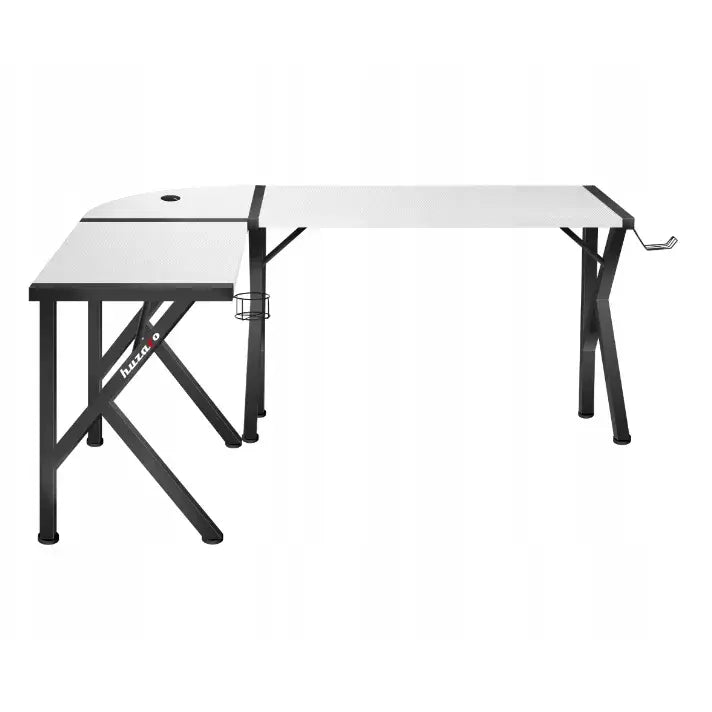 Gaming hjørnebord Huzaro Hero 6.3, L-formet hvit design med sorte ben, koppholder og kabelhull.