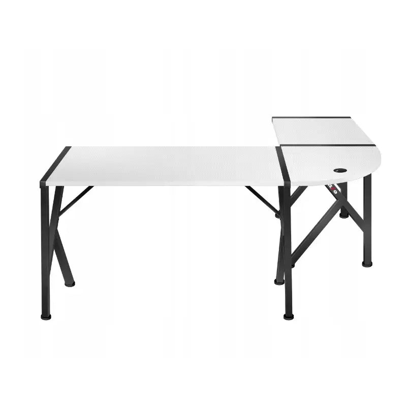 Hvitt Huzaro Hero 6.3 hjørnebord, L-form med sorte ben, avrundede hjørner og kabelåpning til høyre.