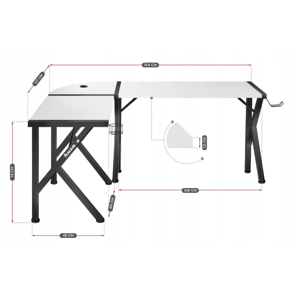 Gaming hjørnebord Huzaro Hero 6.3 hvit, L-form sett fra siden og forfra med detaljerte mål og sorte ben.
