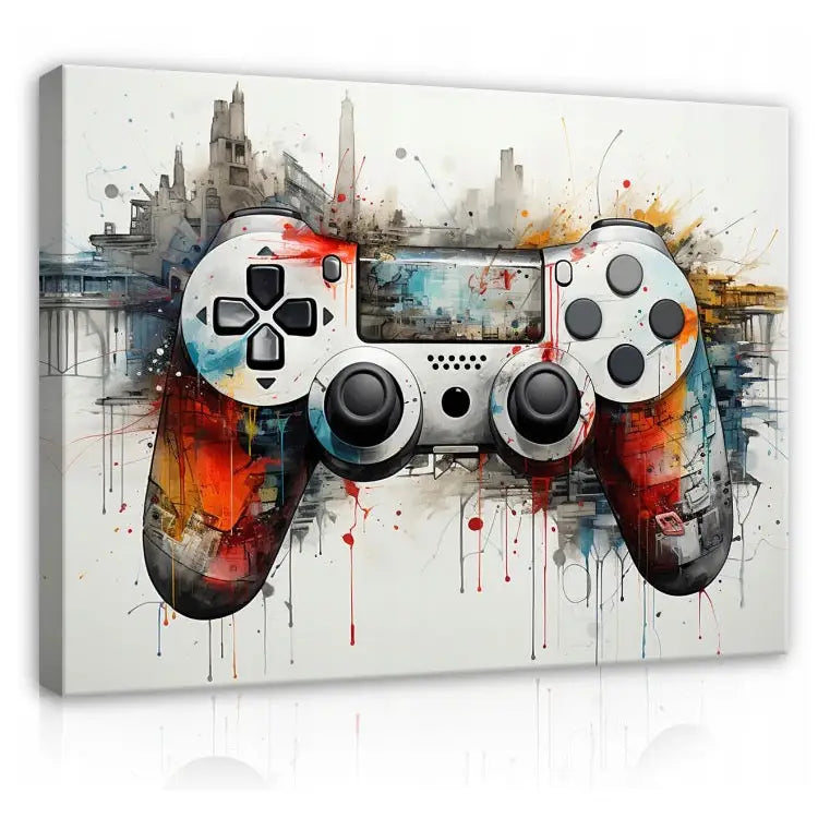 Gaming og graffiti lerretsbilde, spillkontroller foran bysilhuett i sterke farger på hvit bakgrunn.
