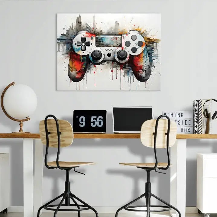 Gaming og graffiti lerretsbilde, fargerik gamepad i spraymalingstil henger over skrivebord med to trestoler.