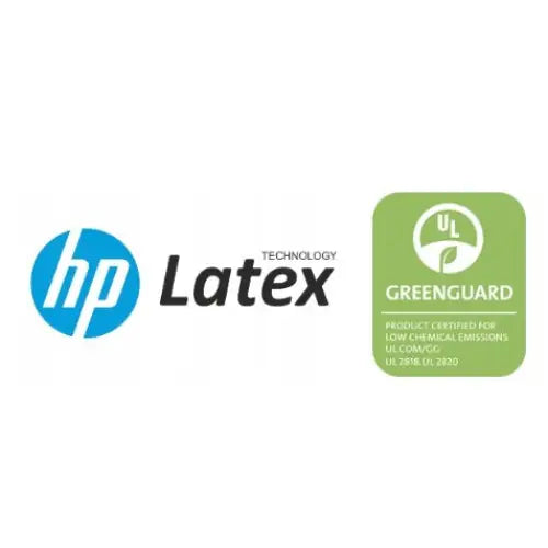 To miljøsertifiseringslogoer for lerretsbildet, viser HP Latex Technology og GREENGUARD lavt utslipp.