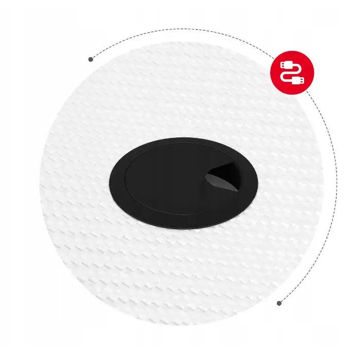Gaming skrivebord Huzaro Hero 1.4, nærbilde av sort kabelhull med rød USB-markering på hvit, teksturert plate.