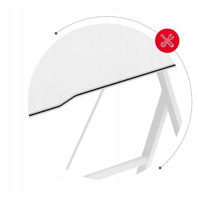 Gaming skrivebord Huzaro Hero 1.4 hvit, sidevisning av bordplate, sort kant og skråstilt monteringsstøtte.