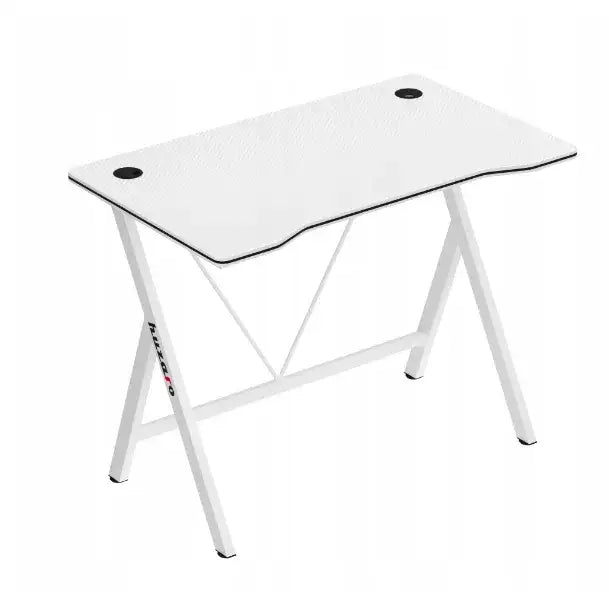Gaming skrivebord Huzaro Hero 1.4 hvit, skråvisning av bordplate med sorte kanter og doble kabelhull.