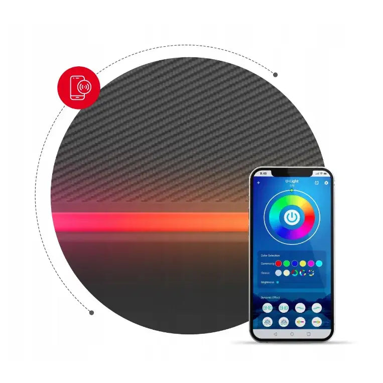 Gaming Skrivebord Huzaro Hero 1.4 hvit, nærbilde av LED-lys og app for lysstyring ved karbonfiber-overflate.