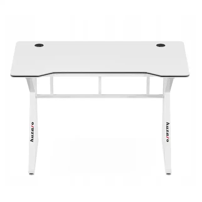 Gaming skrivebord Huzaro Hero 1.6 i hvitt, frontvisning med rette linjer, to kabelhull og logo på beina.
