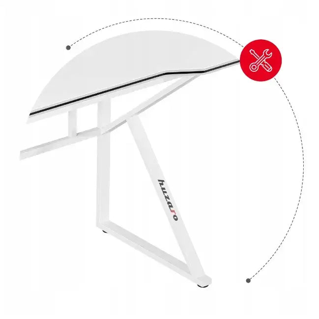 Gaming skrivebord Huzaro Hero 1.6 hvit, sidevisning av skrå kant, metallben og synlig huzaro-logo.