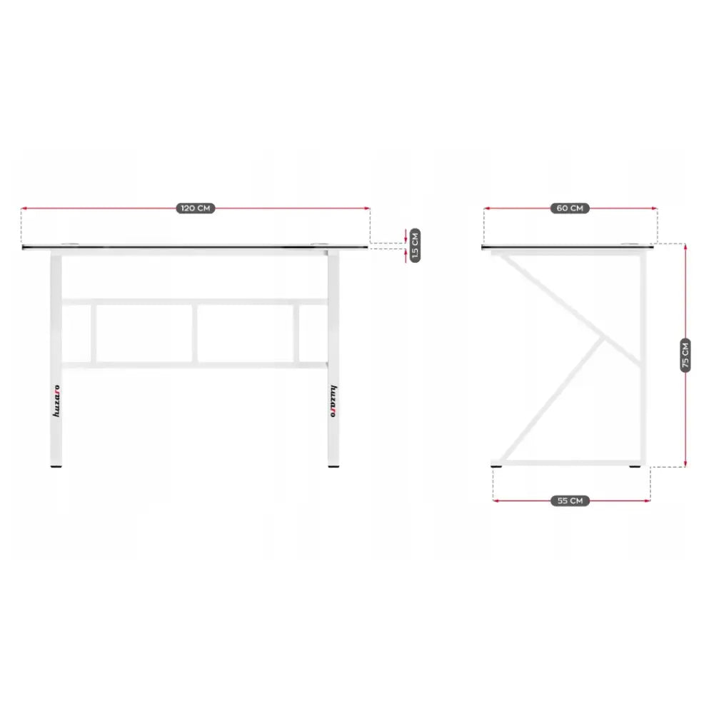 Gaming skrivebord Huzaro Hero 1.6 hvit, front- og sidevisning med mål på bordplate og ben i centimeter.