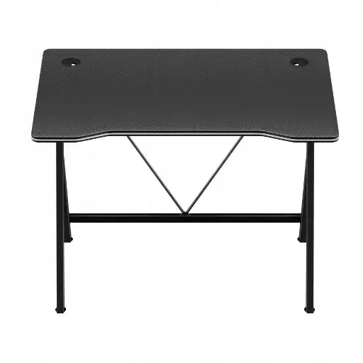 Gamingbord Huzaro Hero 1.4, frontvisning med metallben, støttebjelke, to kabelhull og buet bordkant.