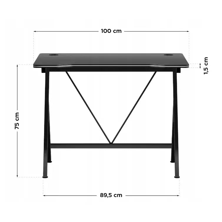 Gamingbord Huzaro Hero 1.4 svart, frontvisning med mål og to kabelhull på bordplaten tydelig synlig.