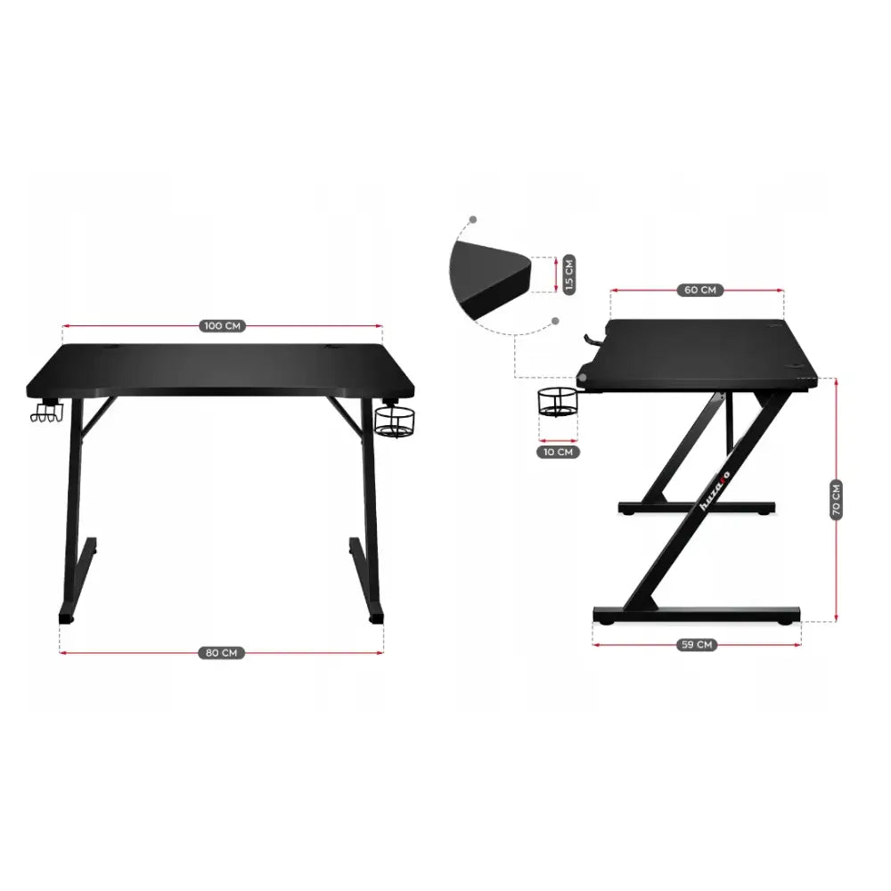 Gamingbord Huzaro Hero 1.8, sort skrivebord med koppholder, krok og kantbeskyttelse, sett forfra og fra siden.