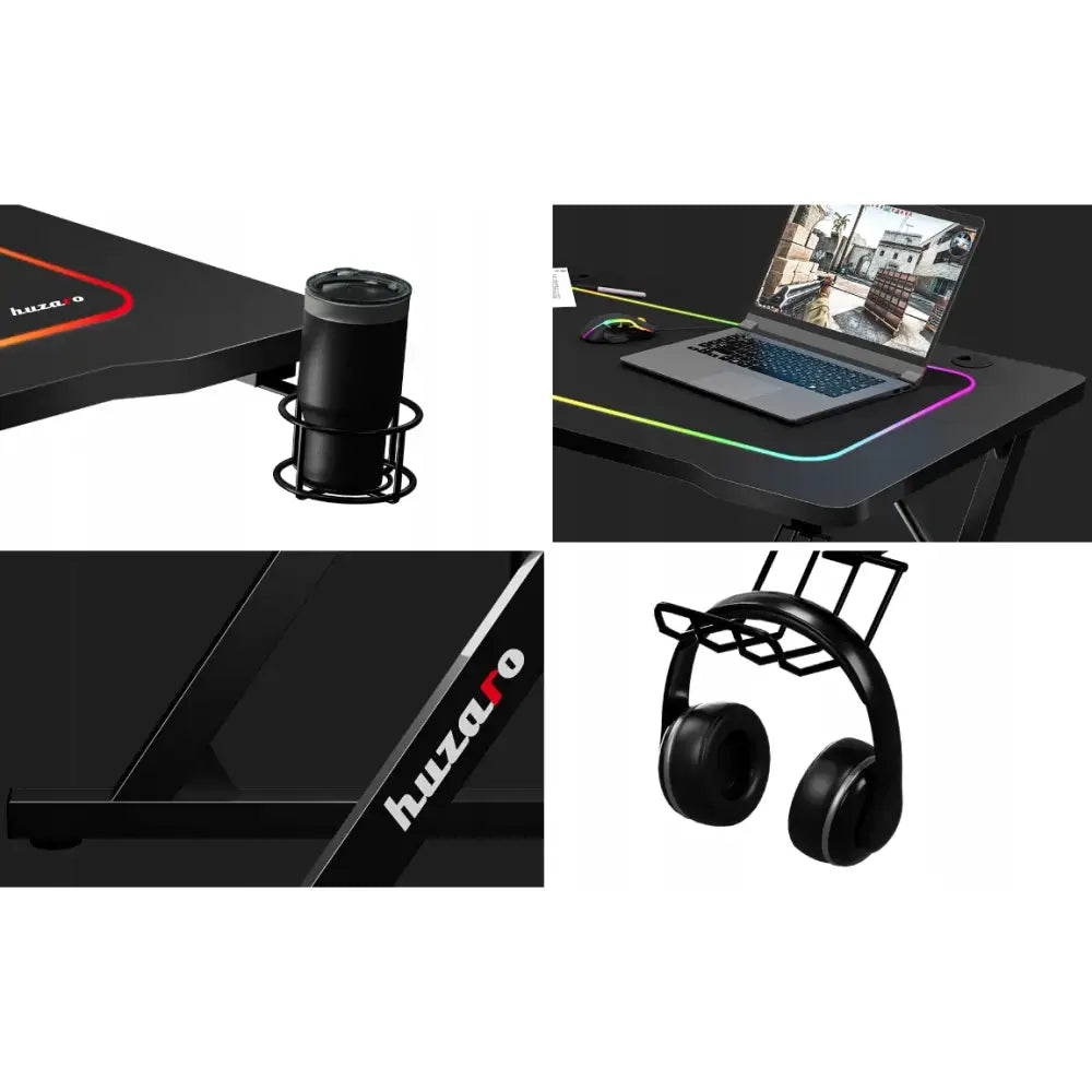 Gamingbord Huzaro Hero 1.8, nærbilder av koppholder, RGB-lys, strukturerte ben og hodetelefonhenger.