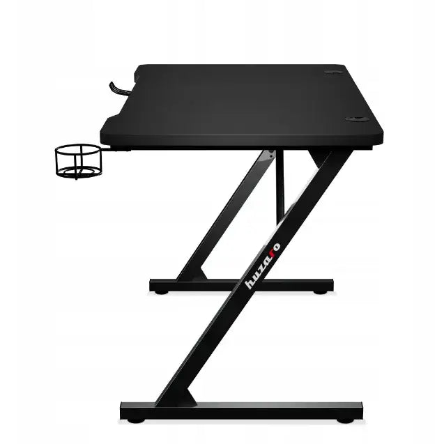 Gamingbord Huzaro Hero 1.8, sideprofil som viser Z-understell, koppholder, krok og kabelhull i sort metall.
