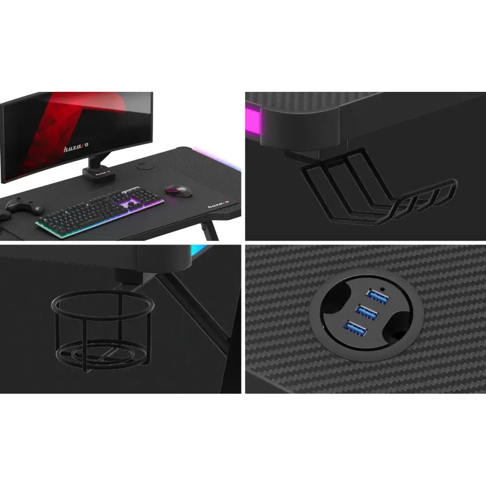 Gamingbord Huzaro Hero 2.5 RGB, nærbilde av RGB-lys, koppholder, hodetelefonholder og USB-porter.