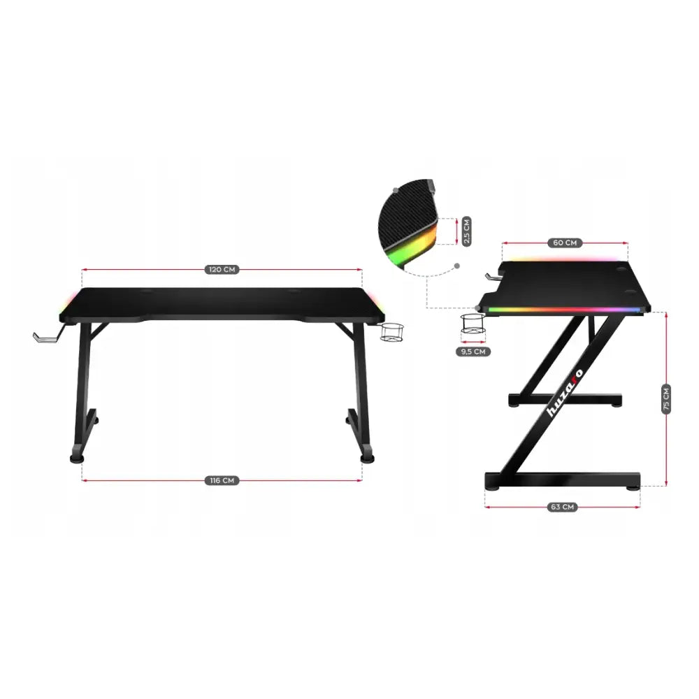 Gamingbord Huzaro Hero 2.5 RGB, sett forfra og fra siden med regnbuebelysning, koppholder og krok.