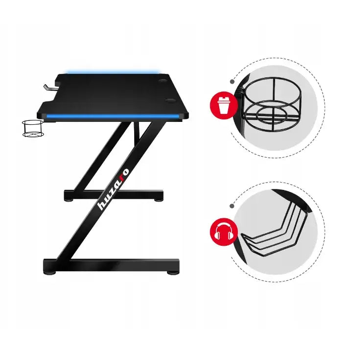 Gamingbord Huzaro Hero 4.7, sidevisning med blå lyskant, metallholder for kopp og hodetelefon på venstre side.