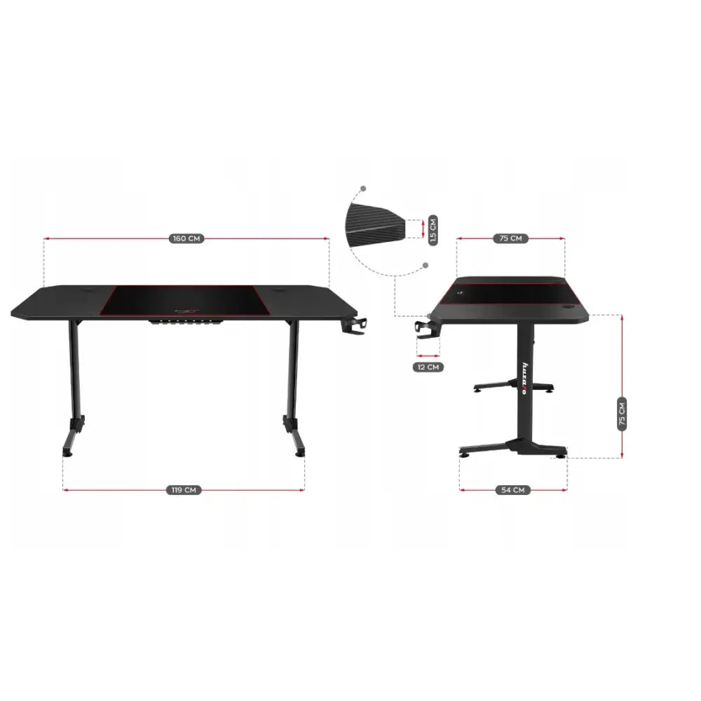 Gamingbord Huzaro Hero 4.7 svart, visning med mål for lengde, bredde, høyde og detaljer på stativ og hjørner.