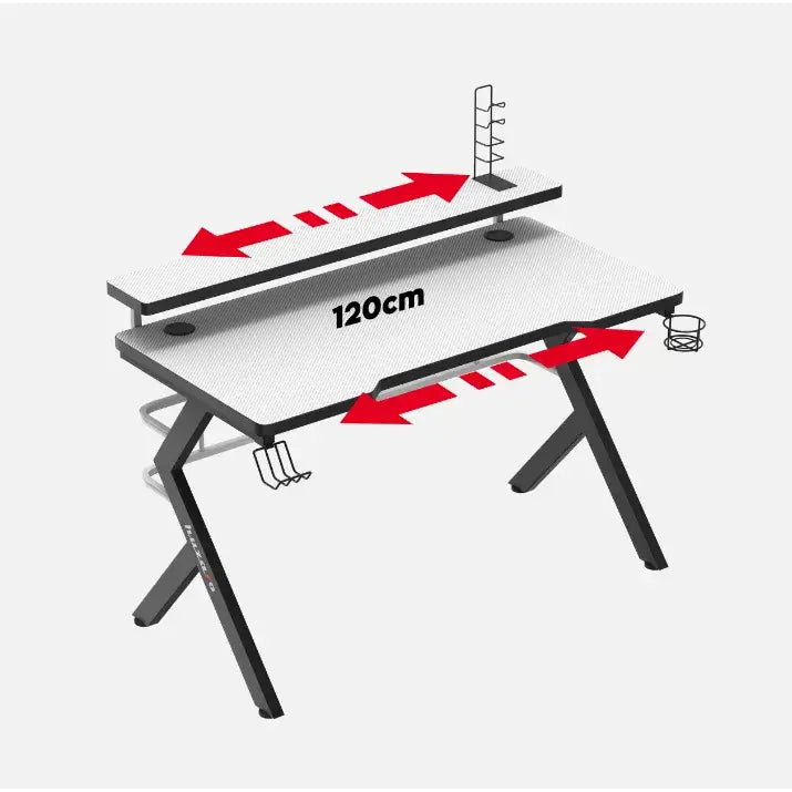 Gamingbord Huzaro Hero 5.0 hvit, vinkelvisning med rød mål-grafikk, koppholder, krok og stativ på sidene.