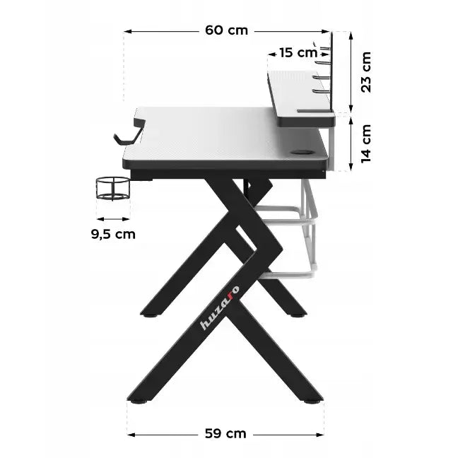 Gamingbord Huzaro Hero 5.0 hvit, sideprofil med koppholder, hodetelefonstativ og hevet bakhylle på bordplaten.