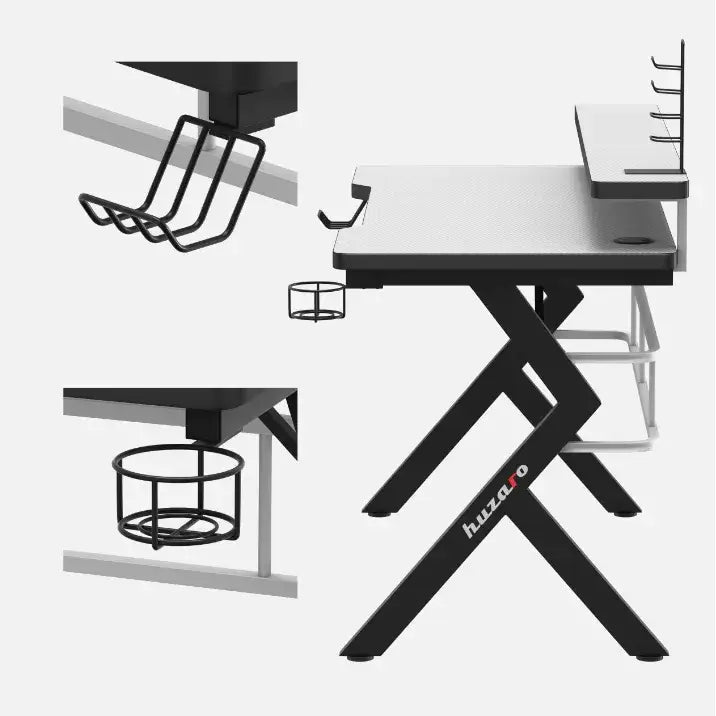 Gamingbord Huzaro Hero 5.0 hvit, sidevisning med fokus på koppholder, hodetelefonholder og kabelorganisator.