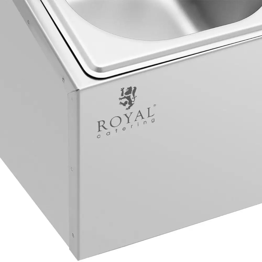 Rustfritt stålhjørne på Royal Catering kjøkkenmaskin, nærbilde som viser tydelig logo og frontdetaljer.