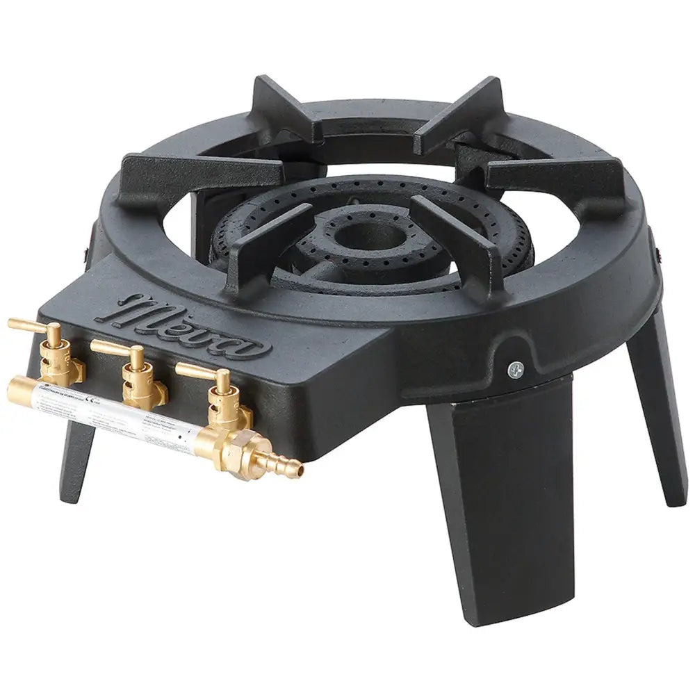 Gassindustriell tralle 3-brenner TRIGLAV, skrå forfra med tre messingventiler og robuste ben.