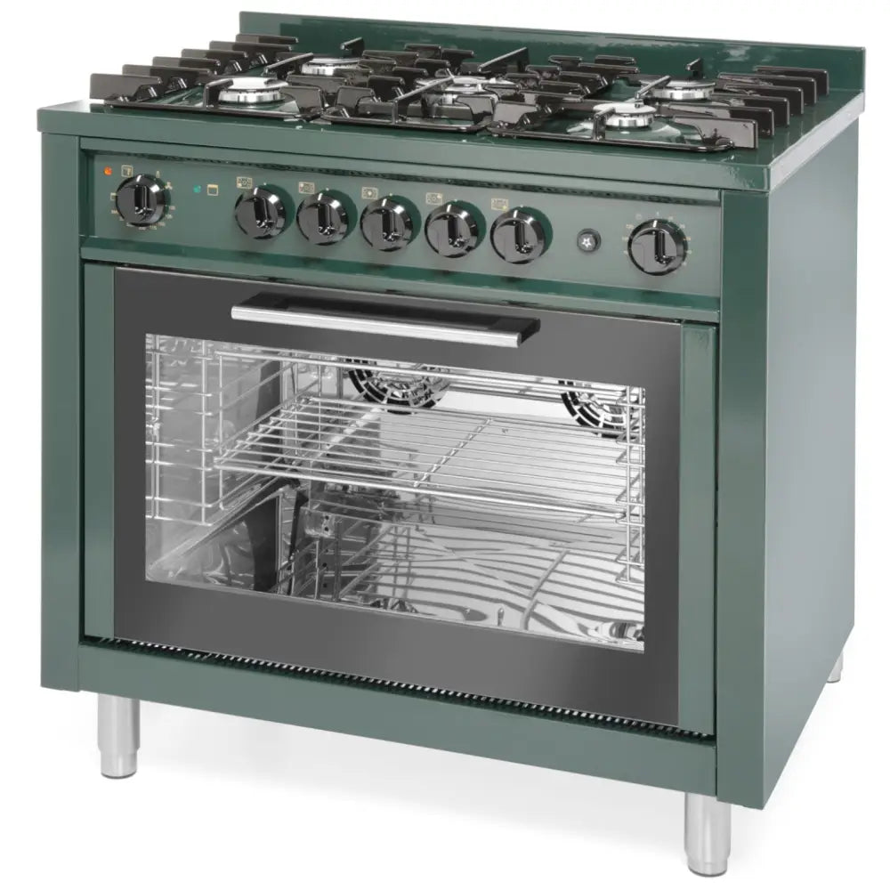 Gasskomfyr med 5 Brennere og Konveksjonsovn Kitchen Line 14.3 Kw 230 v Grønn - Hendi 229187