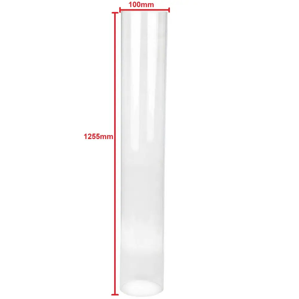 Glassrør til Piramida gassovn, frontvisning med røde målstreker for lengde og diameter.