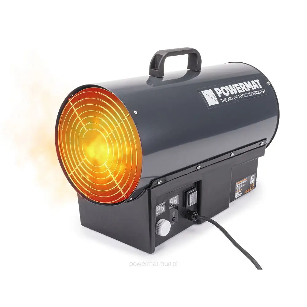 Gassvarmer, sylinderformet sort vifteovn med oransje gitter, digitalt display og bærehåndtak, skrå vinkel.