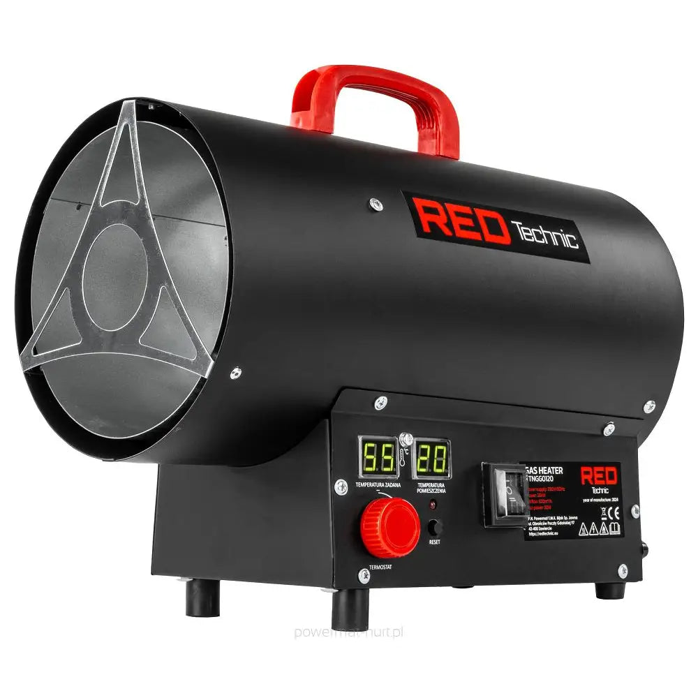 Gassvarmer 25KW, sort metallvifte med rødt håndtak, digitale display og kontrollpanel foran, sett skrått forfra.