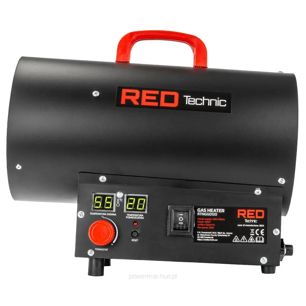 Gassvarmer 25KW, skrå sidevisning med rød bærehåndtak, digitalt display og markert termostatbryter på fronten.