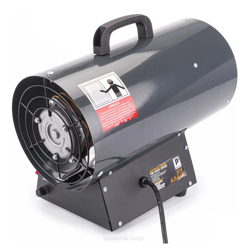 Gassvarmer med sort og grå metallvifte, skrå baksidevisning, synlig bærehåndtak og advarselsmerke.