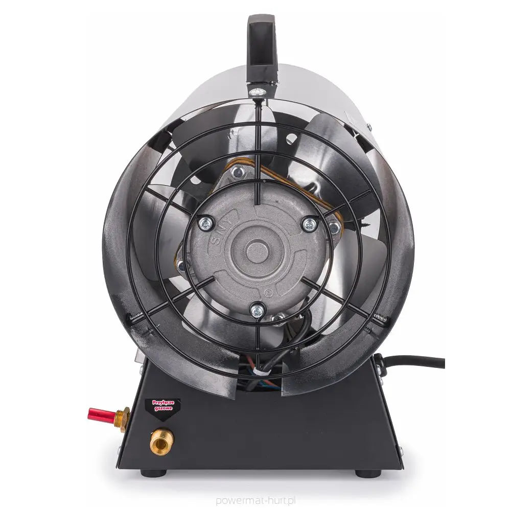 Gassvarmer, frontbilde som viser sort beskyttelsesgitter, synlige bolter, håndtak og tilkoblinger nederst.