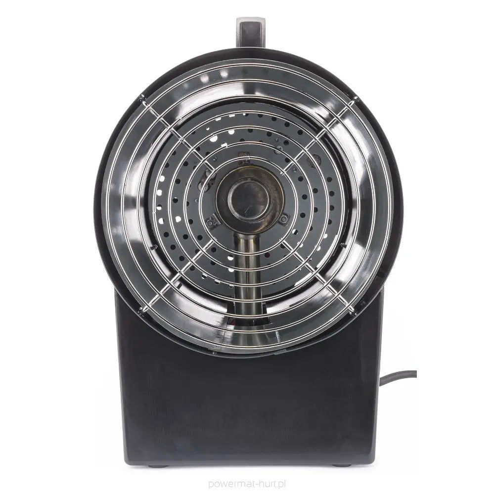Gassvarmer med rund metallgrill, ventilert ståloverflate, beskyttelsesrist og synlig strømkabel på høyre side.