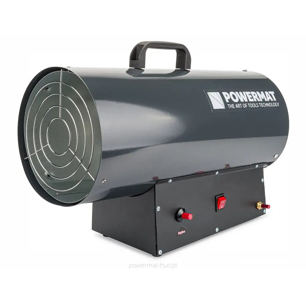 Gassvarmer, mørkegrå sylinderform med bærehåndtak og synlig kontrollpanel, sett skrått forfra.