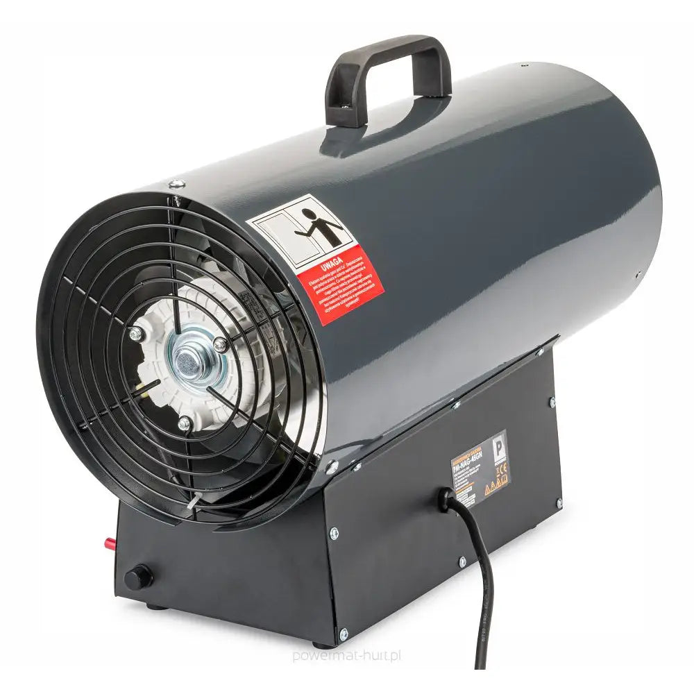 Gassvarmer i svart og grått metall, skråvisning med bærehåndtak, beskyttelsesgitter og synlig varselsymbol på siden.