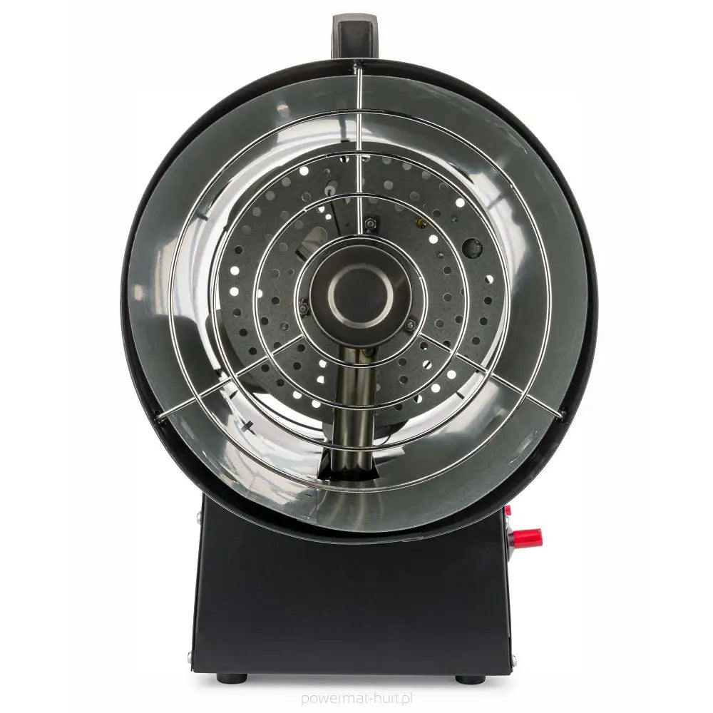 Gassvarmer, frontbilde som viser ventil, gitter foran varmeelement og rød knapp på høyre side.